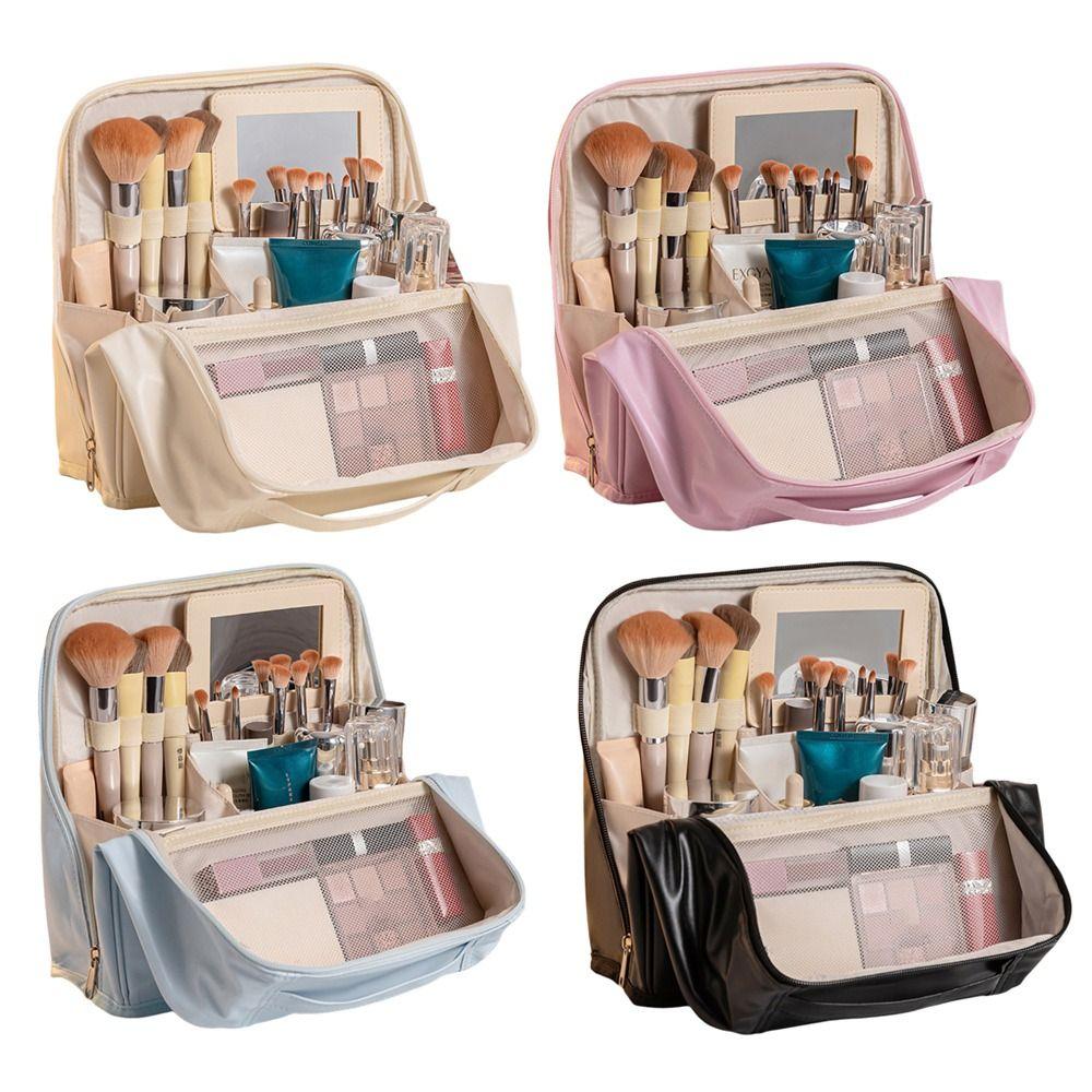 Portable PU Leather Standing Makeup Bag Large Capacity with Compartments Cosmetic Bag Waterproof Stationery Organizer for Travel