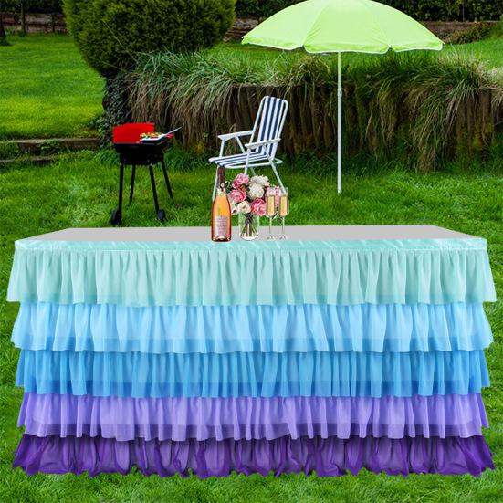 Table Skirt for Rectangle And Round Table Multi-layer Ruffle Reusable Gradient Rainbow Color Beach Parties Ceremony Birthday Party Decoration