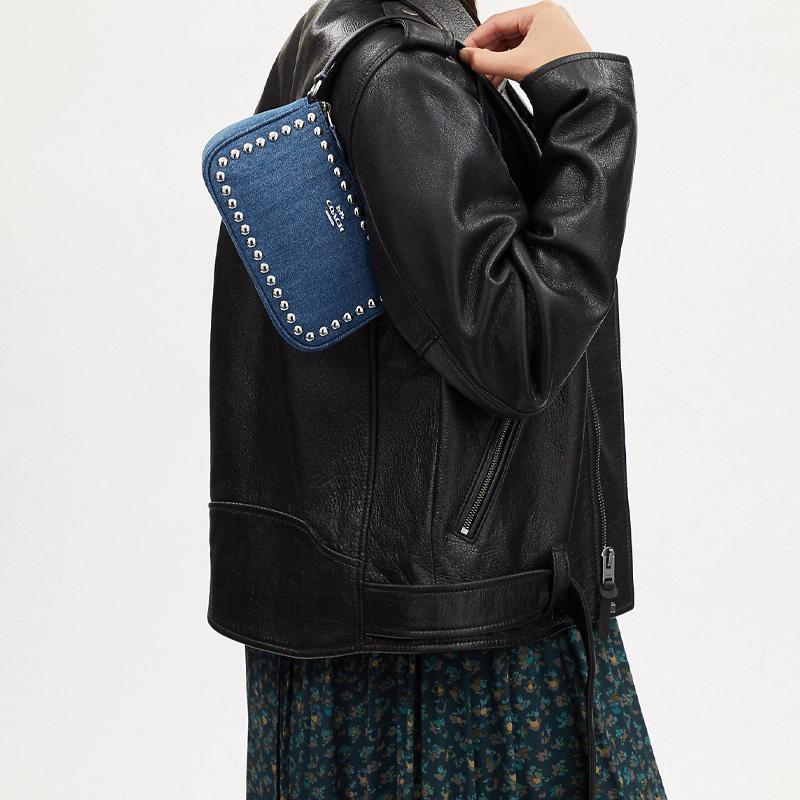 Coach Nolita 19 Тисненый Логотип Шипы Деним и Изысканная Кожа с Мелкой Фактурой Сумка-Кроссбоди Тоут Сумка на Плечо Маленькая Женская Синий