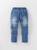 Streetwear Toddler Boys Ripped Fringe Distressed Denim Long Pants, Elastic Waist Light Wash Straight Leg Casual Kids Jeans