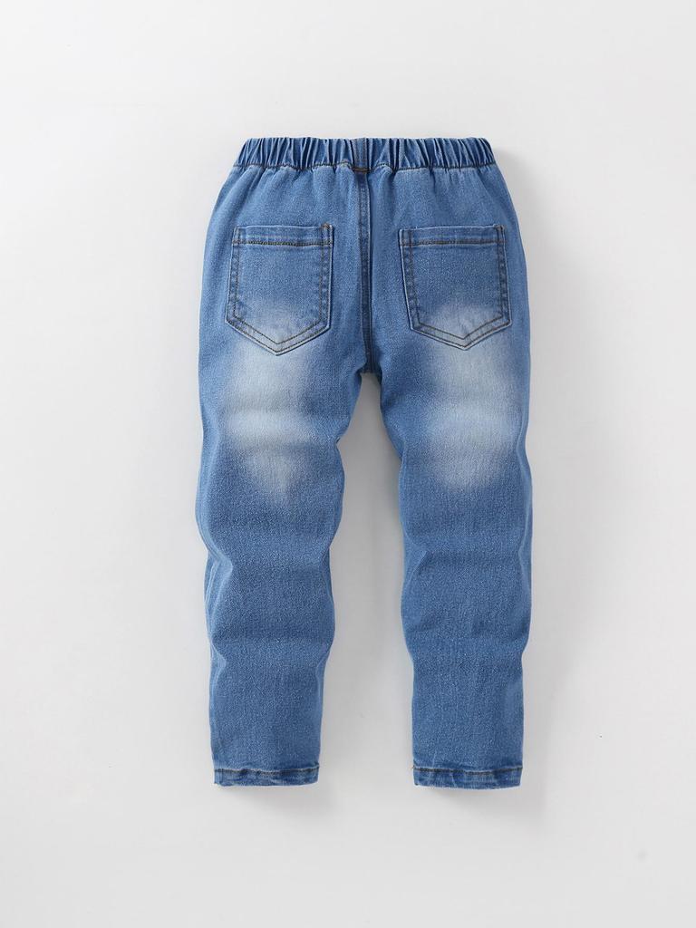 Streetwear Toddler Boys Ripped Fringe Distressed Denim Long Pants, Elastic Waist Light Wash Straight Leg Casual Kids Jeans