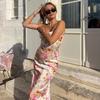 Women Sexy Sling Dress Suspender Style Sleeveless Long Dress Flower Print Backless Hip Wrapped Party Dress