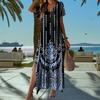 Lady Summer Dress Color Matching Geometric Print V Neck Split Hem Short Sleeves A-line Loose High Waist Casual Daily Wear Maxi Dress