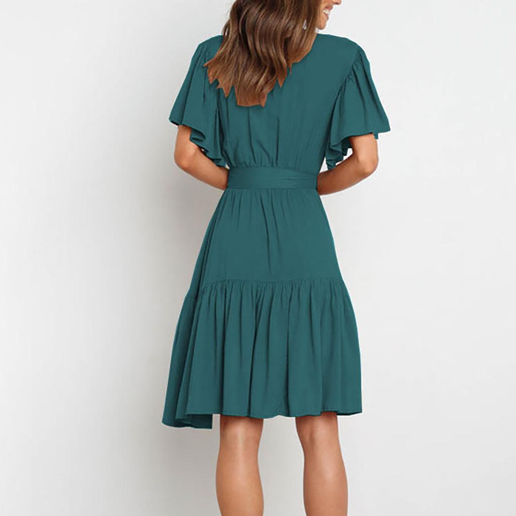 Модное женское однотонное повседневное платье с v-образным вырезом и коротким рукавом на талии