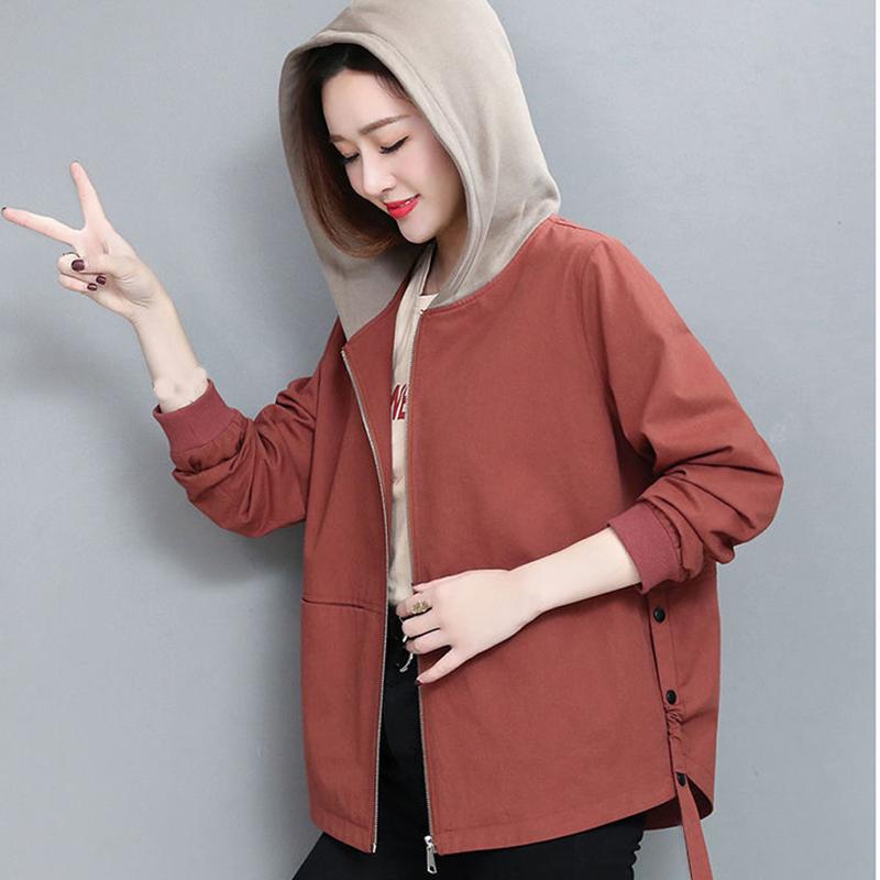 Women Hooded Jacket Thin Spring Autumn Loose Casual Pocket Long Sleeved Short Windbreaker Woman Zipper Up Coats Ladies