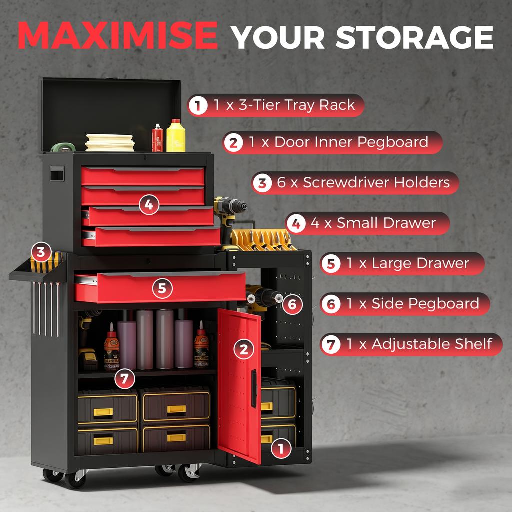 Tool Chest Mobile Modular Tool Box With 5 Drawers Side Rack Pegboard Lock Tool Cabinet For Garage Workshop Red