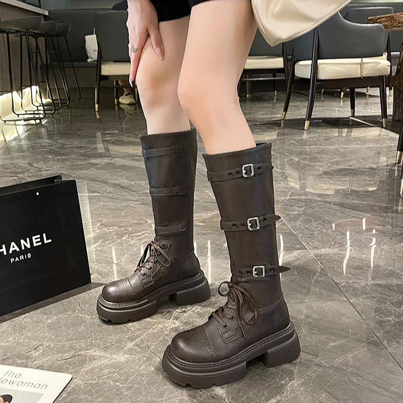 Модные женские одинарные сапоги, осенние, новые, с круглым носком, на молнии сзади, на толстой подошве, из коровьей кожи, с пряжкой, модные высокие сапоги в стиле темперамент
