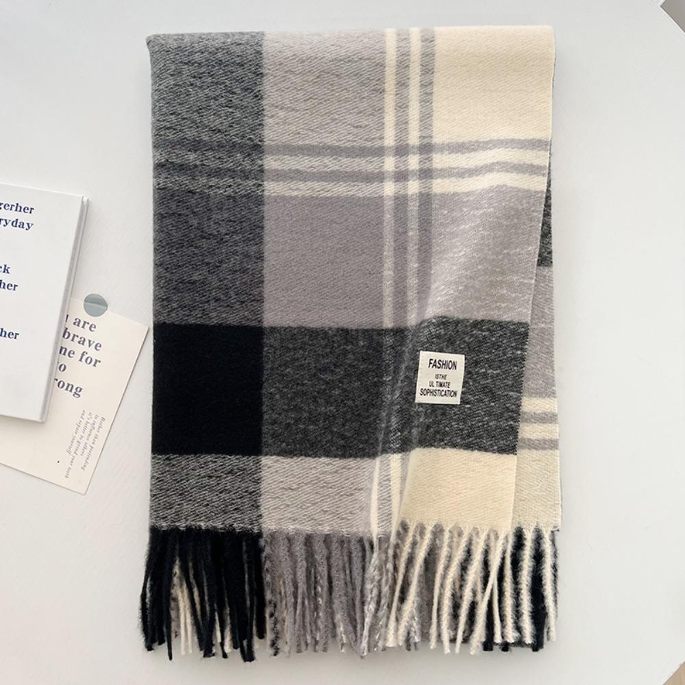 Long Tessel Plaid Wool Scarf Thicken Men Scarf Simple Winter Cashmere Scarf Female