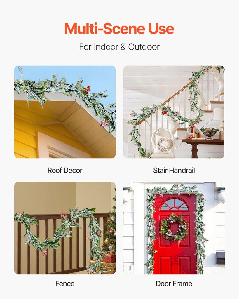 Christmas Garland, 2011 mm Realistic Greenery Decorated with Vines, Olive Leaves, and Berries, Evergreen Faux Garlands with Light String for Indoor