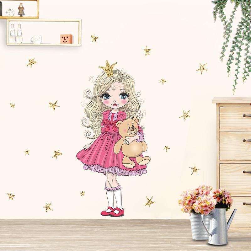 Наклейки на стену с мультяшным медведем, принцессой и звездами для комнат для девочек, декоративные виниловые наклейки для спальни для маленьких девочек, детская комната, наклейки для детской комнаты