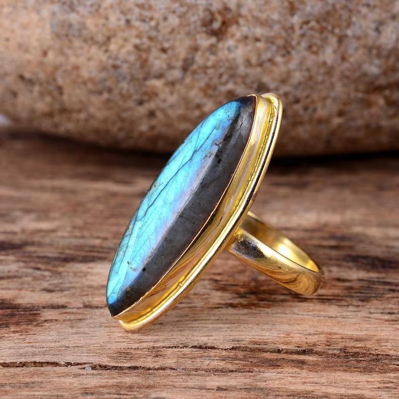 Natural Labradorite Gemstone Ring, Solid 925 Sterling Silver Yellow Gold Ring, Statement Ring, Birthstone Jewelry, Boho Ring