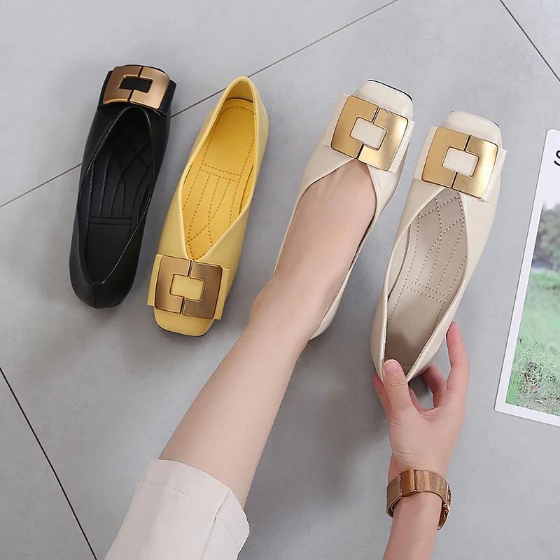 Fashion Spring Autumn New Luxury Women's Shoes Shallow Mouth Soft Bottom Comfortable Square Head Square Buckle Fashion Casual Flat Shoes