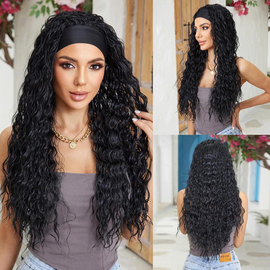 Elegant Synthetic Headband Wig Long Wavy Curly Black Straight Wigs with Headbands for Women and Girls Heat Resistant