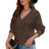 Women Wrap Sweater V Neck Long Sleeve Pure Color Drop Shoulder Pullover Knitted Top Dark Brown L