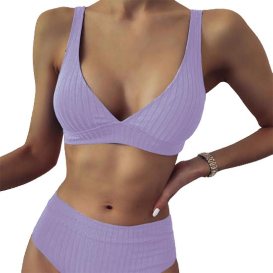 Бикини из двух частей с V-образным вырезом, сплошной цвет, женский ребристый глубокий комплект, бюстгальтер, трусы, купальник для лета