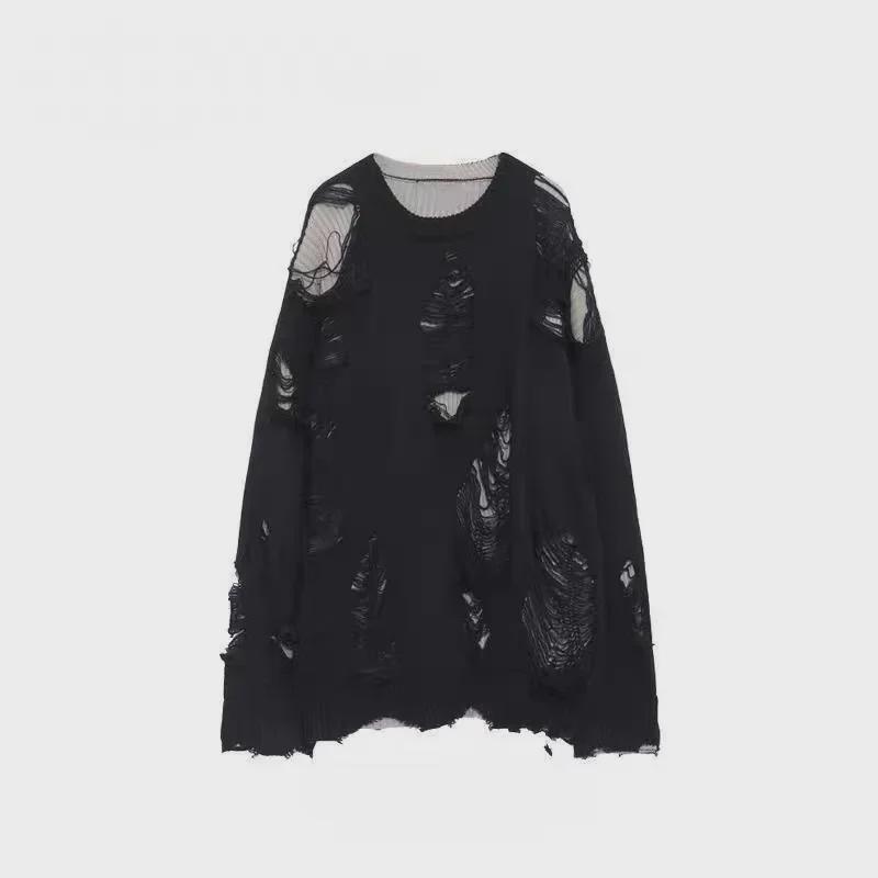 Мужской свитер свободного кроя из двух частей с рваными краями в американском стиле 2024 года, трикотаж, длинный рукав, для весны/осени.