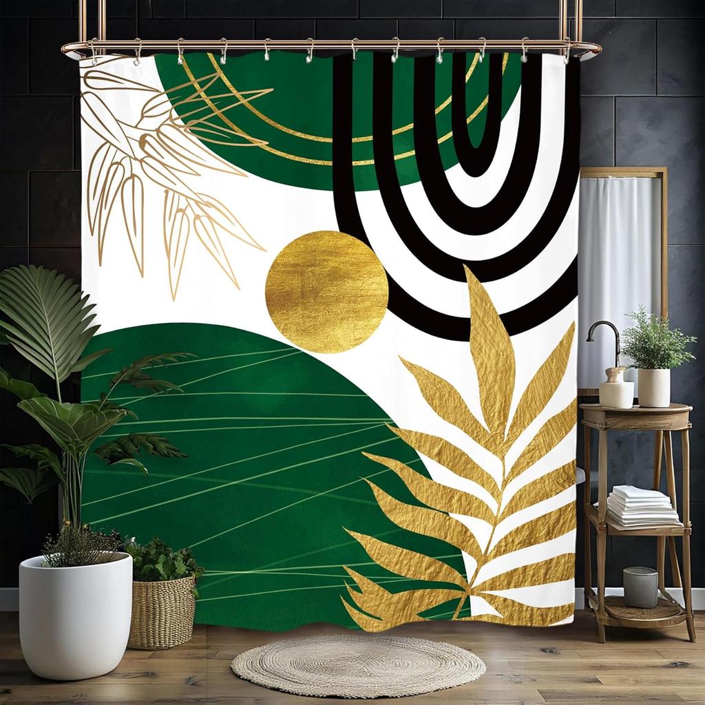 Abstract Leaves Shower Curtain Set Emerald Green Modern Tropical Mid Century Simple Minimalist Chic Polyester Waterproof Cloth