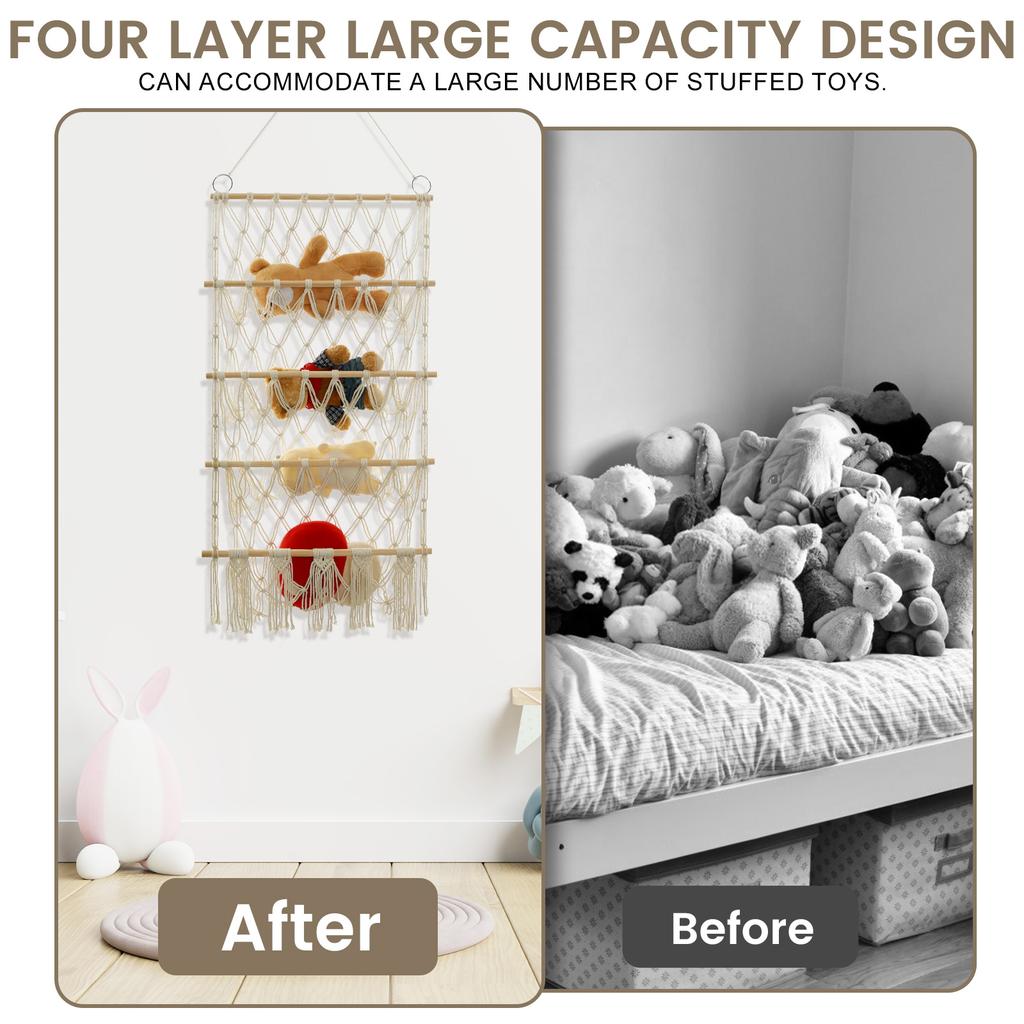 4 Tiers Toy Net Stuffed Animal Storage Hammock Cute Stuff Animal Organizer Plushie Net Space Saving Macrame Wall Toy Holder