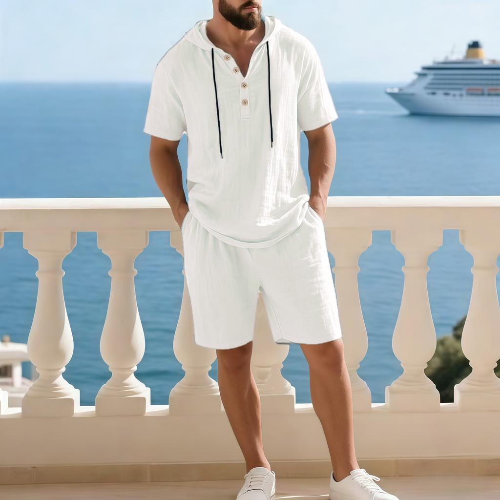 Men Solid Color Loose Hooded Short Sleeve Shorts Casual Two Piece Set