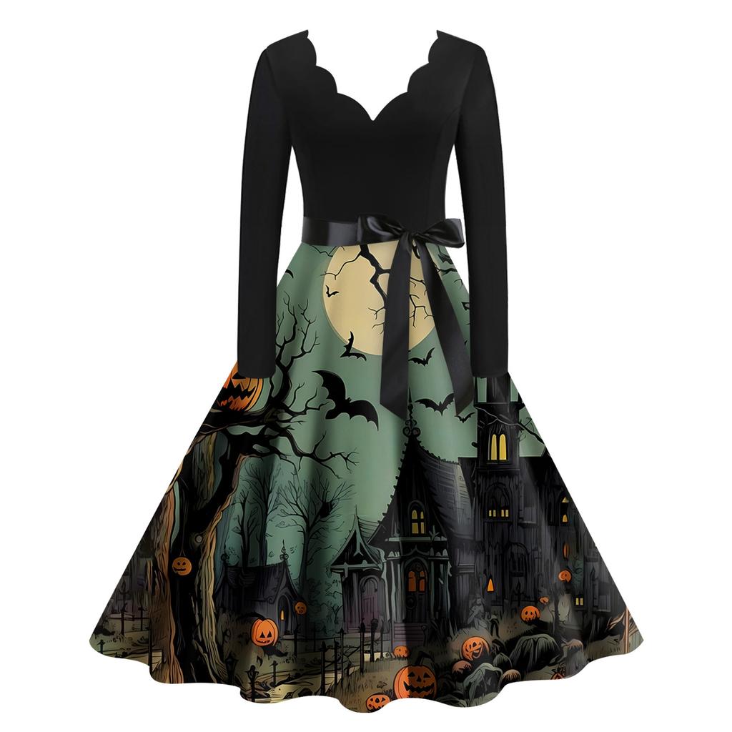 Хэллоуин Женское Повседневное Модное Платье с V-образным Вырезом и Принтом В Винтажном Стиле