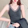 Women Thermal Vest Lace Trim Plush-lined V Neck Sleeveless Thread Solid Color Slim Fit Elastic with Chest Pads Layering