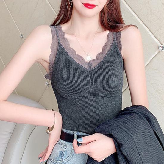 Women Thermal Vest Lace Trim Plush-lined V Neck Sleeveless Thread Solid Color Slim Fit Elastic with Chest Pads Layering