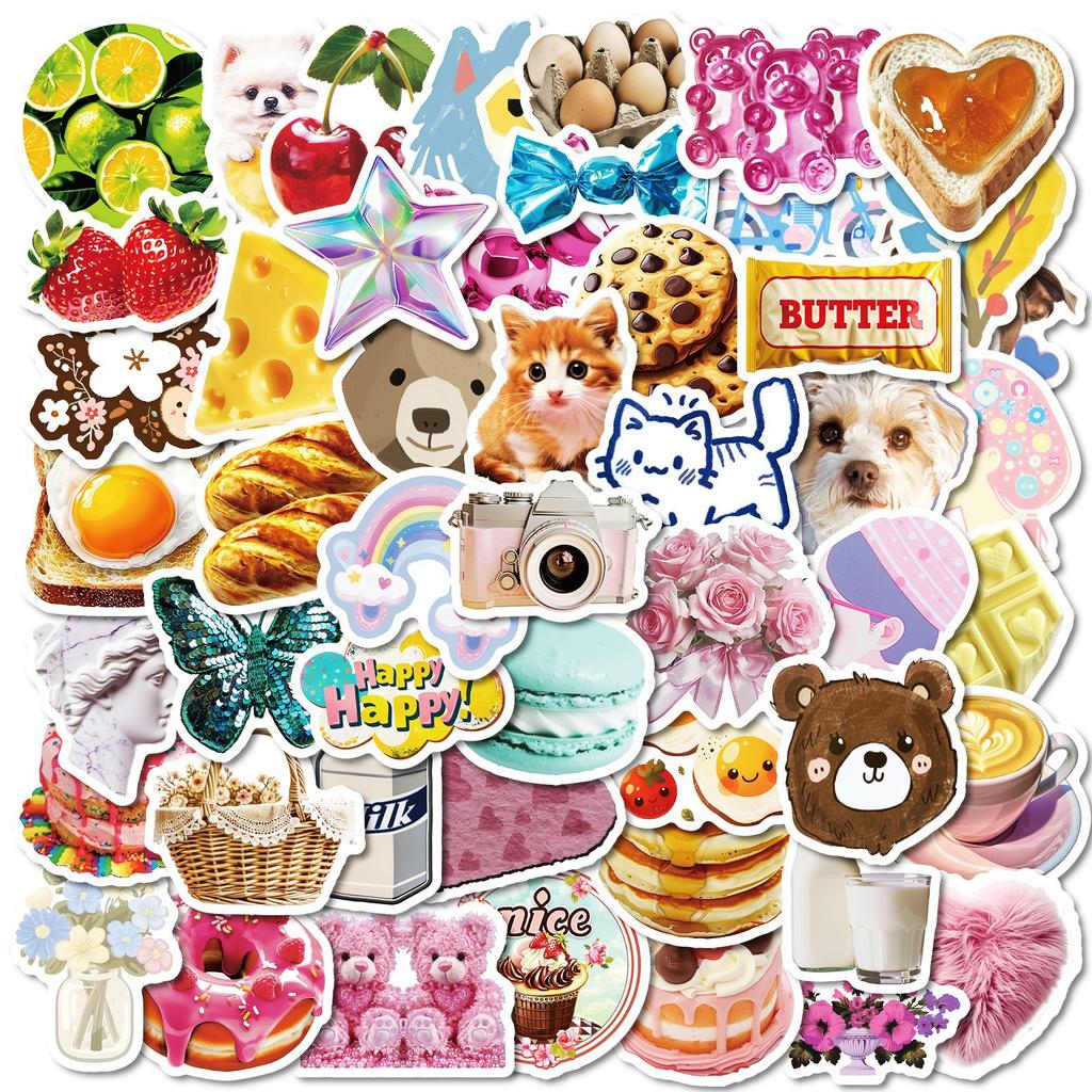 50 New Style Ins Style Girl Graffiti Stickers Cute Cat Dessert Doll Waterproof Stickers
