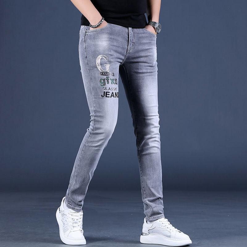 Летние высококачественные мужские джинсы с принтом и принтом, мужские тонкие брюки с небольшими отверстиями для ног, модные брюки