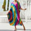 Women's Boho Cover Up, Plus Size Contrast Loose Fit Vacay Beach Kaftan Dress