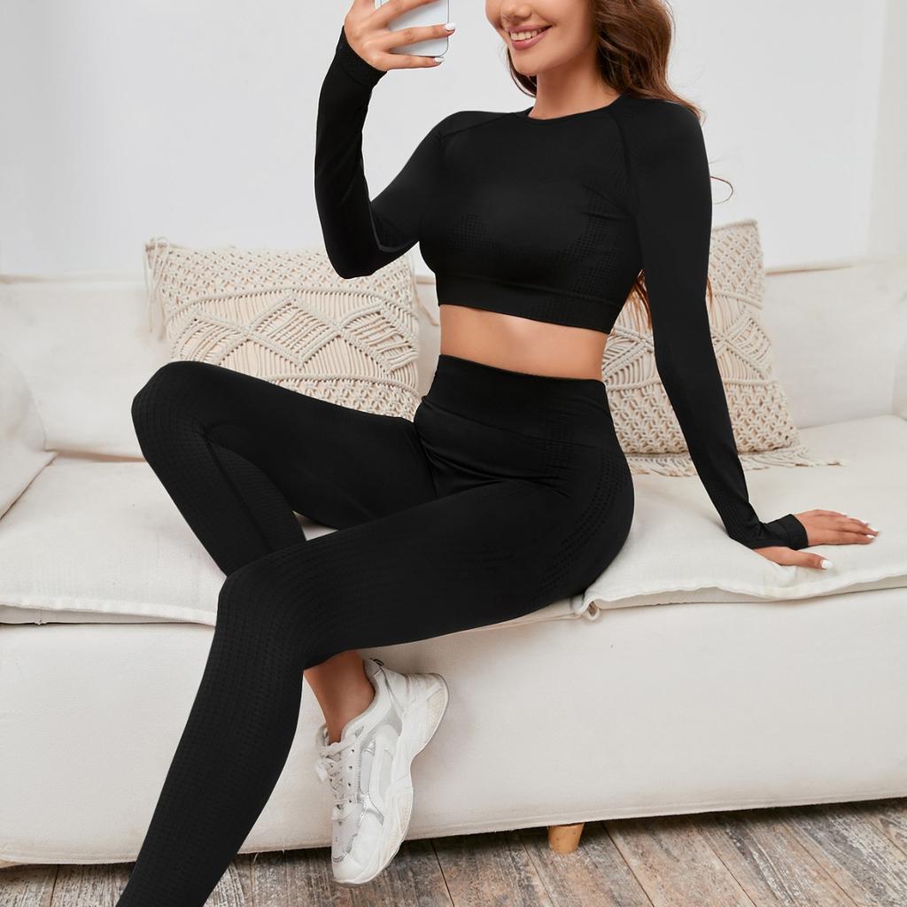 Бесшовный спортивный тренировочный костюм из двух частей, брюки с длинными рукавами и высокой талией, обтягивающие леггинсы, женская спортивная одежда