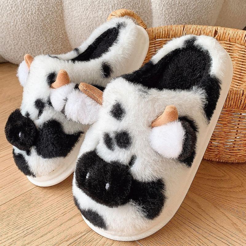 Fashion Women's Plush Slippers Winter Warm Cartoon Cow Slippers Closed Toe Non Slip Furry House Shoes Women Indoor Bedroom Slippers