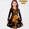 Girl Casual Golden Rose Print Round Neck Long Sleeve Dress Kid Princess Dress