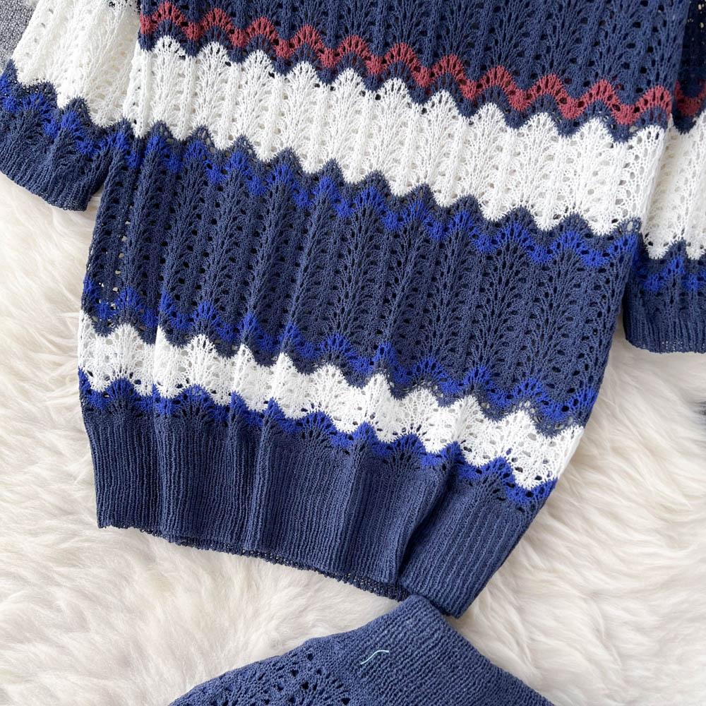 Женский осенний костюм-двойка Топ с коротким рукавом, вязаный свитер, Юбка-карандаш с завышенной талией, облегающая бедра