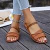Plus Size One Word Buckle Strap Women's Shoes Vintage Round Toe Open Toe Flat Roman Casual Beach Shoes