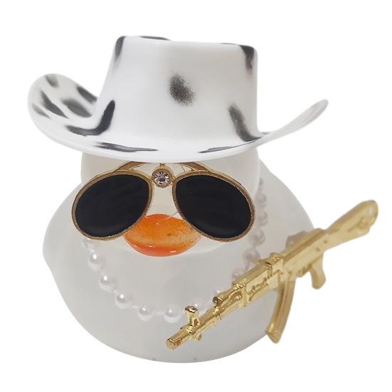 Duck Ornament Squeaky Car Dashboard Decoration Set Funny Yellow Duck Figure with Cowboy Hat Sunglasses Golden Chain Decor
