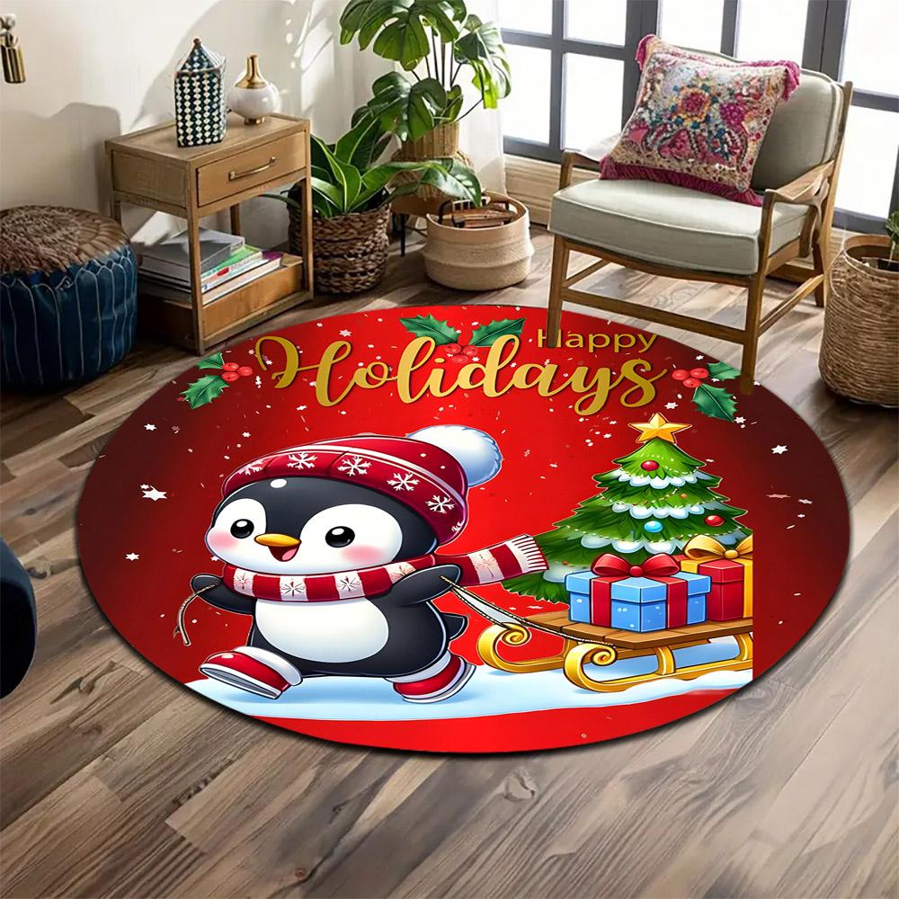 Penguin with Sled & Holiday Gifts Print round rug, living room, bedroom, playroom carpet, non slip floor mat, gift