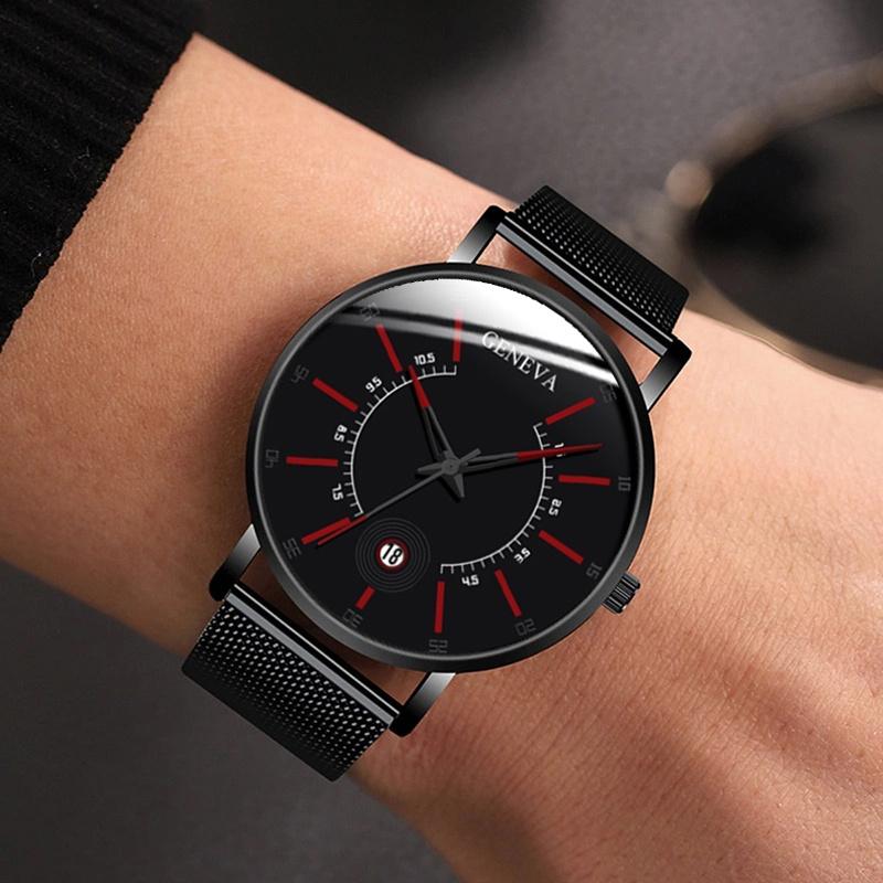 2pcs/set Fashion Men's Business Watch Mesh Strap Quartz Watch Classic Creative Calendar Wristwatch & Bracelet