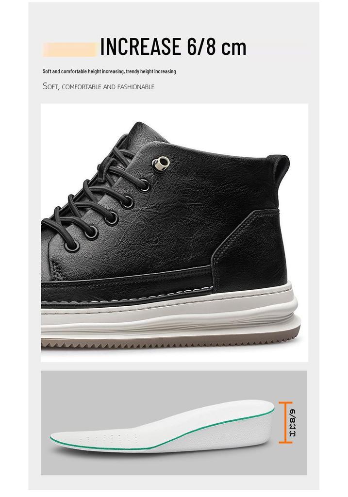 Men's Mid-Top Round Toe Lace-Up Leather Casual Shoes with Height Boost