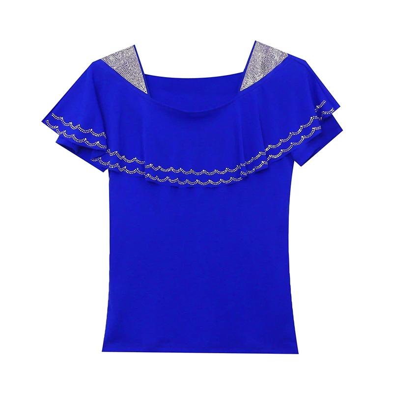 Summer Ruffles Hot Diamonds Square Collar T-Shirts Women Short Sleeved Mesh Tops Shirts Streetwear Girl Fashion Tees Blouse