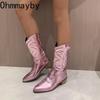 Модные женские сапоги-ковбойши с острым носком, модные полусапожки с боковыми молниями, осенне-зимние женские туфли на толстом каблуке