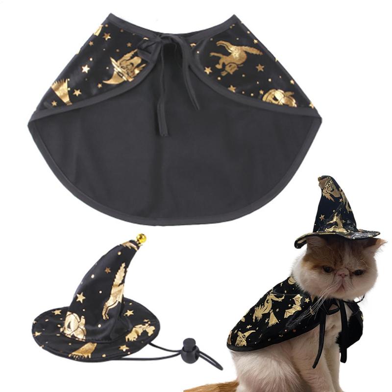 Cat Witch Costume Pet Halloween Cloak Gold Print Design Cosplay Cape For Cats Dogs Small Animals Party Festive Photography