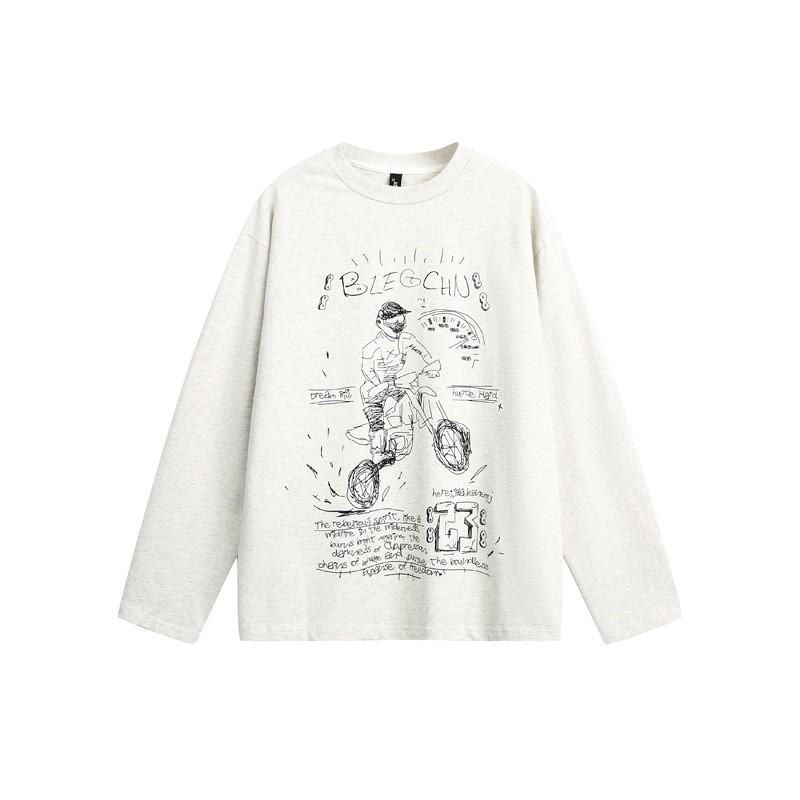 Unisex Oversized Streetwear Long Sleeve Tee With Abstract Sketch Print Cotton Blend Casual Top