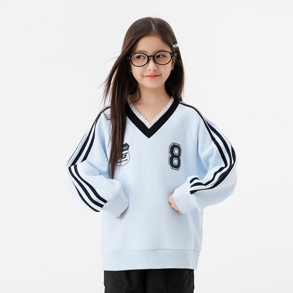 Left West Girls' Hoodie V-neck Lace Splicing Ribbon Children's Sports Style Hoodie Coat