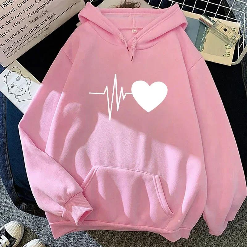 Женская Толстовка с Капюшоном Повседневная Мода Принт Сердце Худи Женские Домашние Уличные Удобные Теплые Пуловеры Повседневные Спортивные Свободные Худи Топ