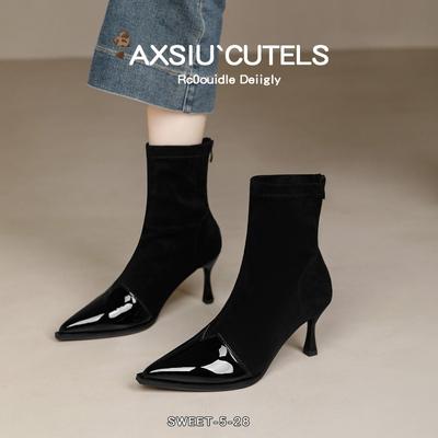 Осень новые сращивание молния острый носок тонкий каблук высокий каблук короткие ботильоны универсальные и тонкие кожаные короткие голенища тонкие женские ботильоны