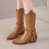 Fashion 2024 New Faux Leather Retro Western Boots Women Rivet Belt Buckle Mid Calf Boots Square High Heels Punk Cowboy Boots