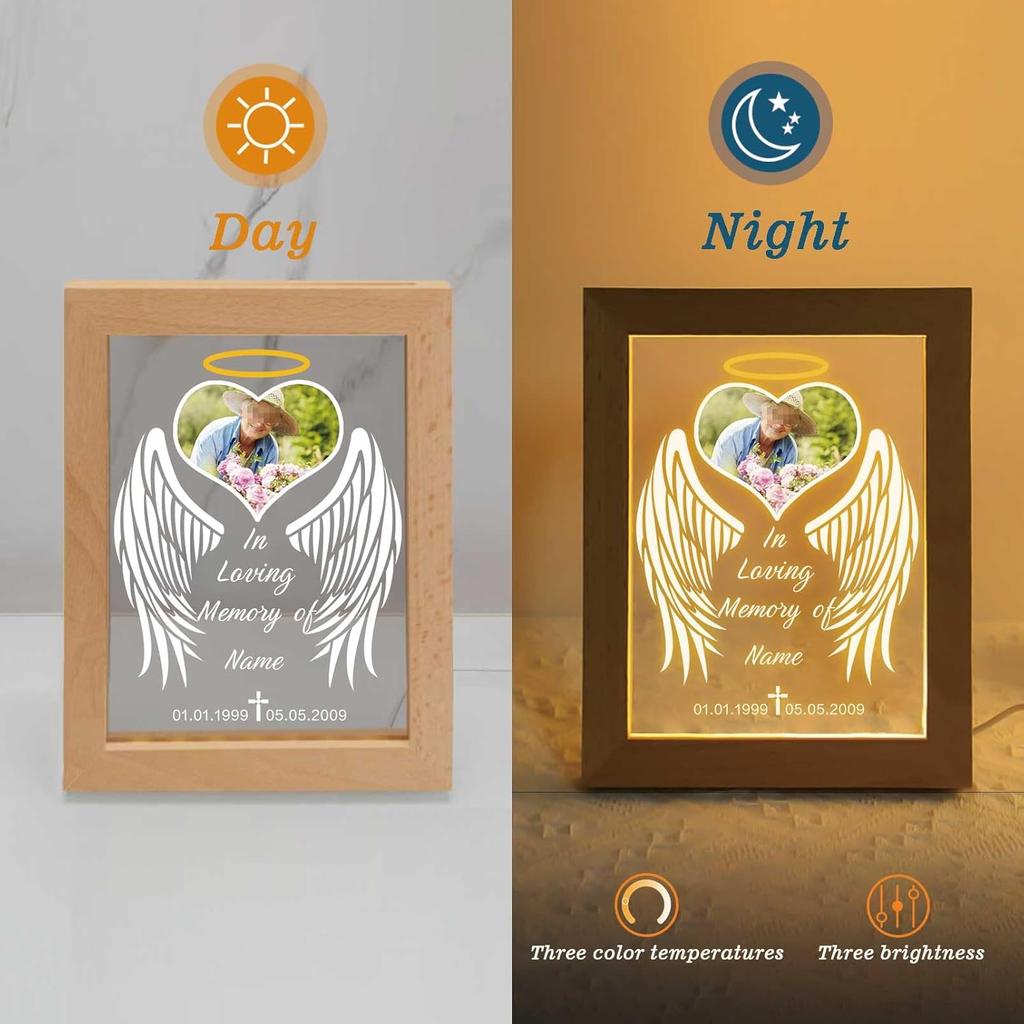 Индивидуальный памятный ночной светильник с фоторамками Персонализированная акриловая табличка Подарок на сочувствие в связи с утратой с фотографией Имя Дата для утраты любви(S-Сердце