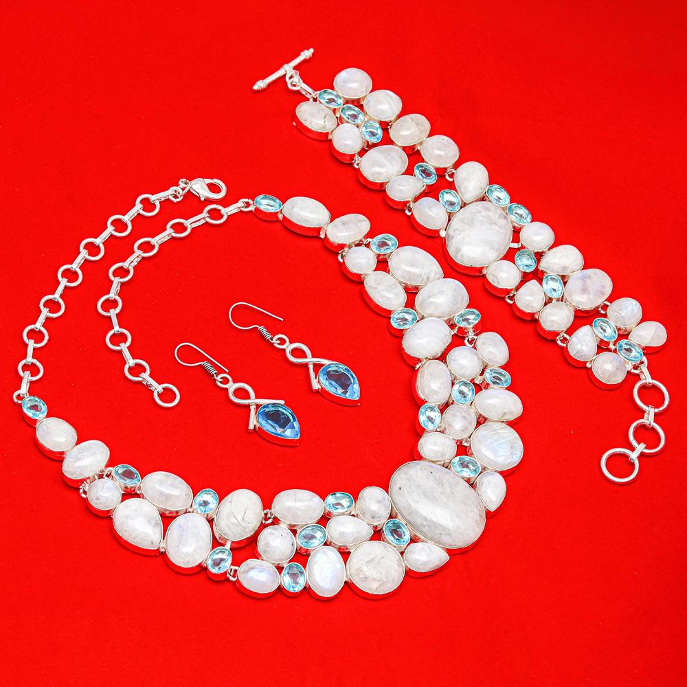 Комплект украшений из швейцарского голубого кварца с радужным лунным камнем, 16-18 дюймов