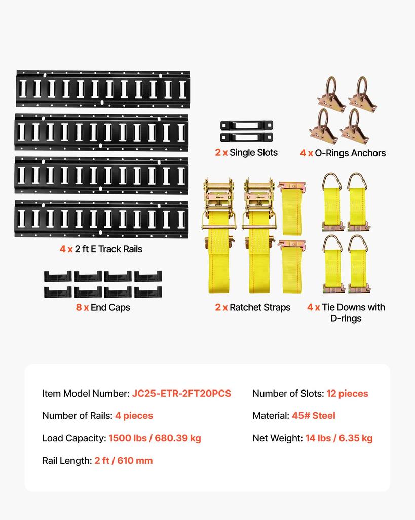 VEVOR E-Track Tie-Down Rail Kit, 4 Pack 0.6 m E Track Rails