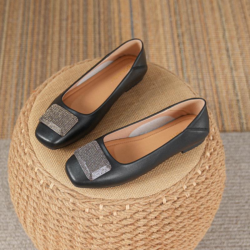 Женские туфли-балетки из натуральной кожи - Французский низкий вырез, Квадратный носок, Мягкая подошва, Большие размеры 41-43, Новинка 2025 Вечерний бриз